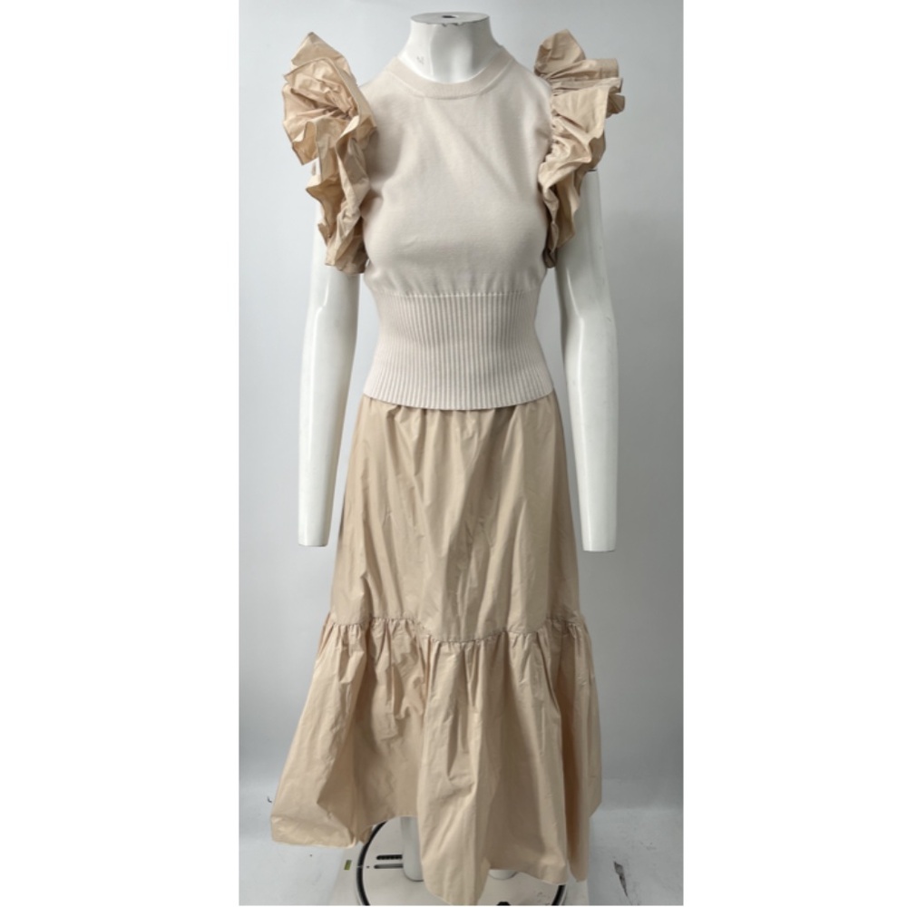 Sfizio Beige Taffeta/Knit Ribbed Trim Sweater+Tiered Midi Skirt Set sz S/40 NWT
